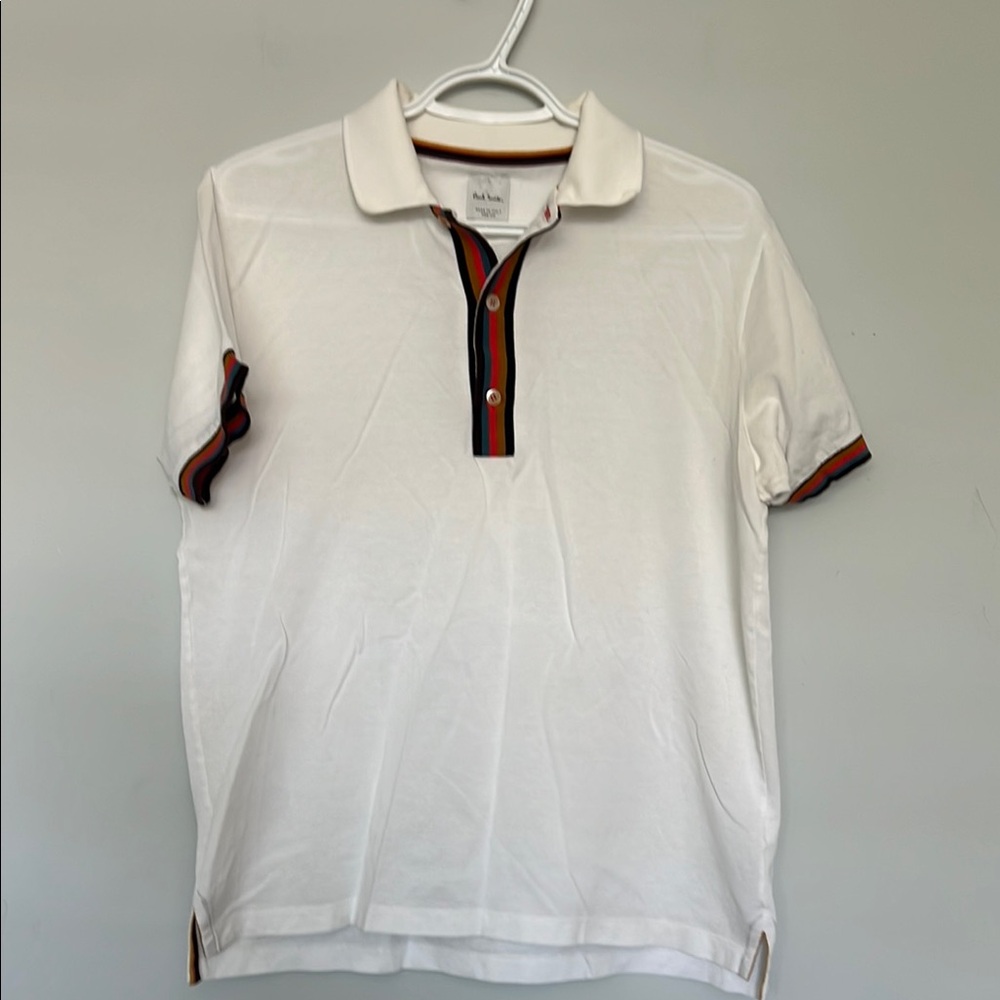 Paul Smith White Polo with Multi-Color Stripe Trim